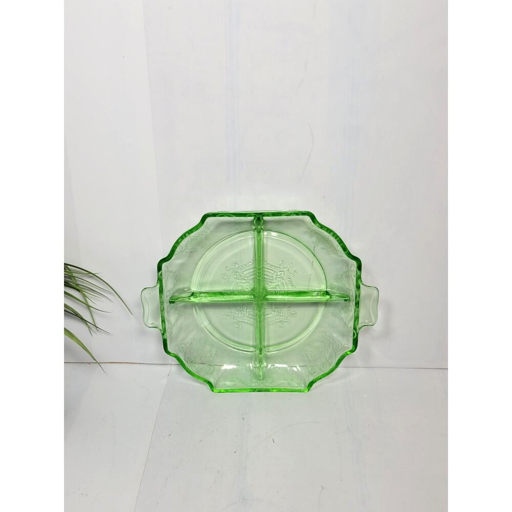 Vintage Green Uranium Glass Relish Dish Indiana Lorain Basket Divided Tray UV